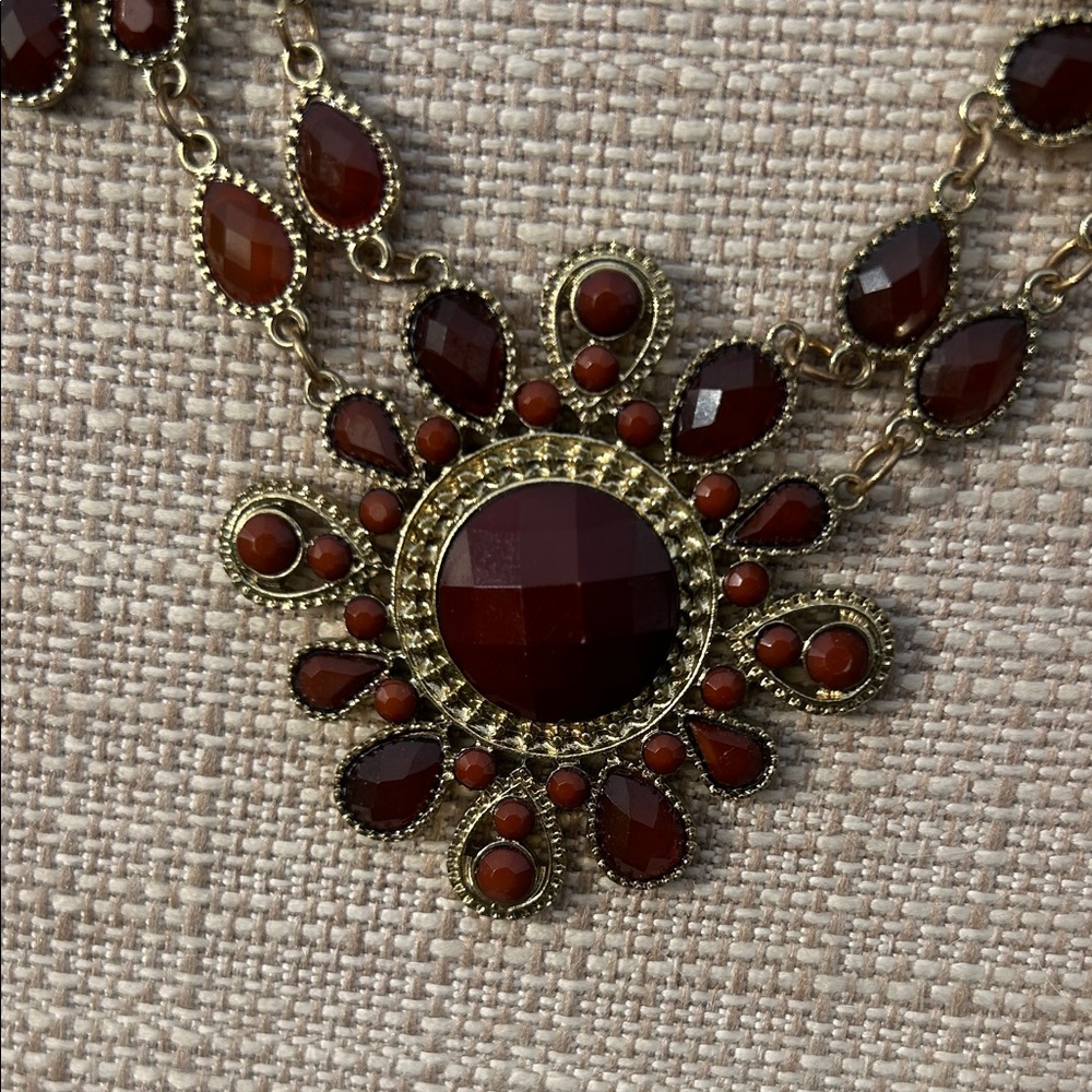Vintage Gold-Tone Necklace with Deep Red & Burnt Orange Floral Drops - Picture 4 of 11